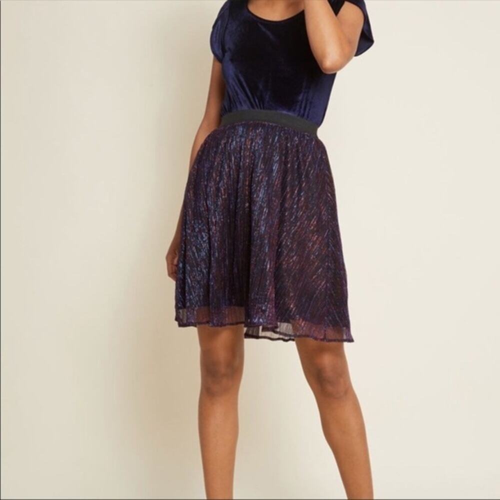 ModCloth Pleated Metallic Mini Skirt Metallic Shimmer Purple Elastic Medium